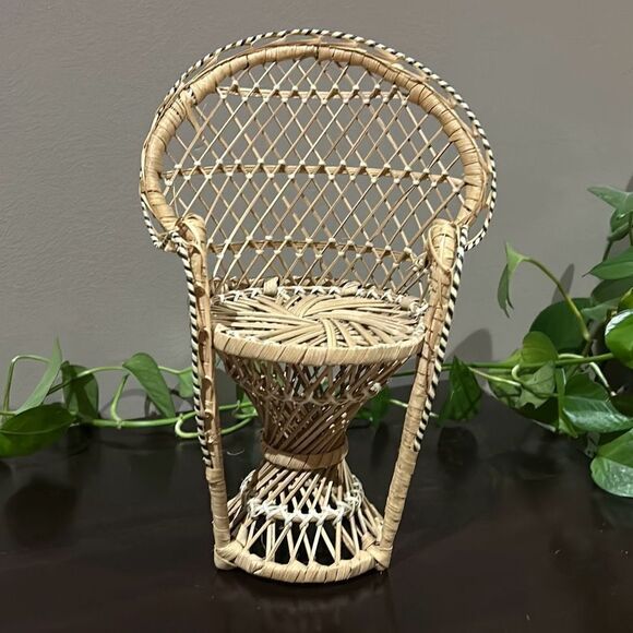 Rattan Peacock Chair Vintage 16” Doll Chair Plant Stand - Picture 1 of 5